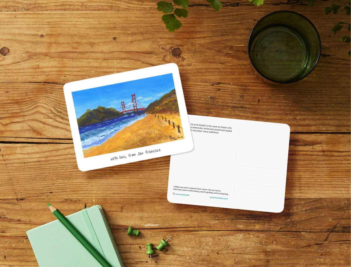 Watercolor painting of waves crashing on Baker Beach, San Francisco, printed as a postcard.