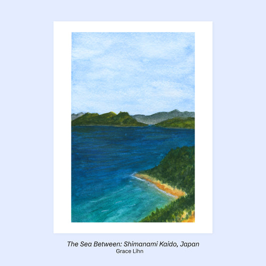 Watercolor painting of the sea and mountains