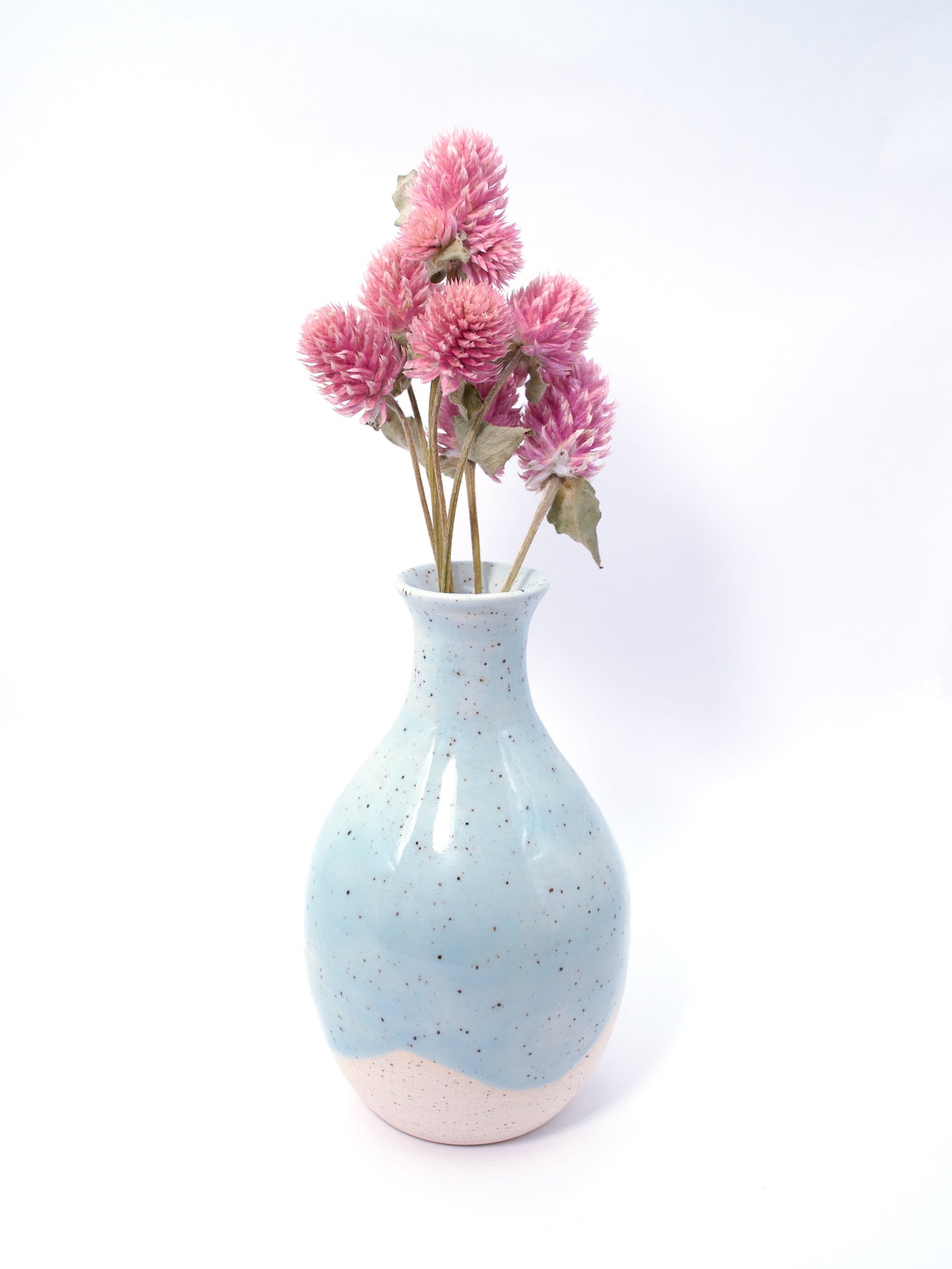 Speckled blue vase with pink flowers on a white background