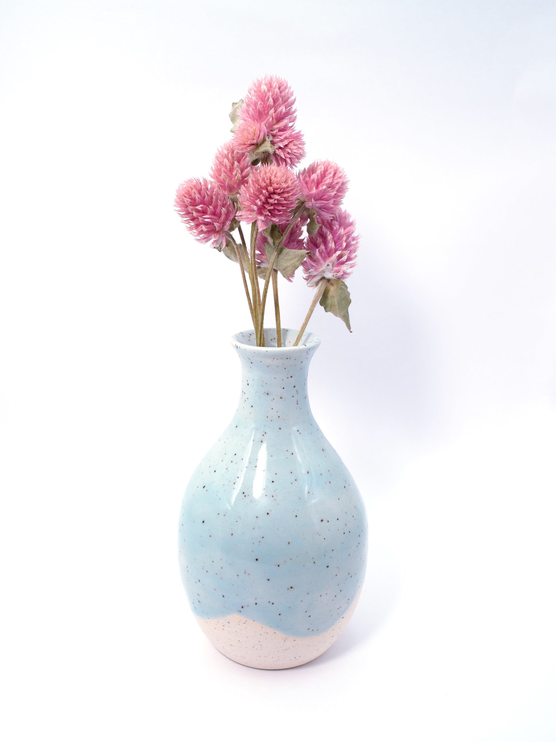 Speckled blue vase with pink flowers on a white background